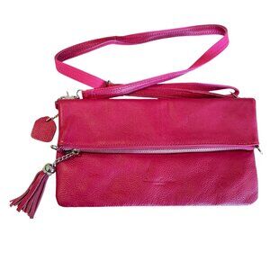 Candace Christian Leather Magenta Pink Crossbody Clutch Folded Tassel Zip Closur